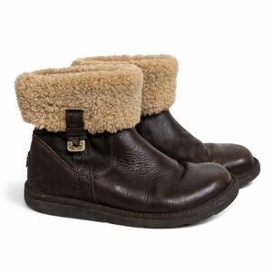 UGG Australia Leather Sheepskin Foldover Ankle Boot Chocolate Brown Size 10